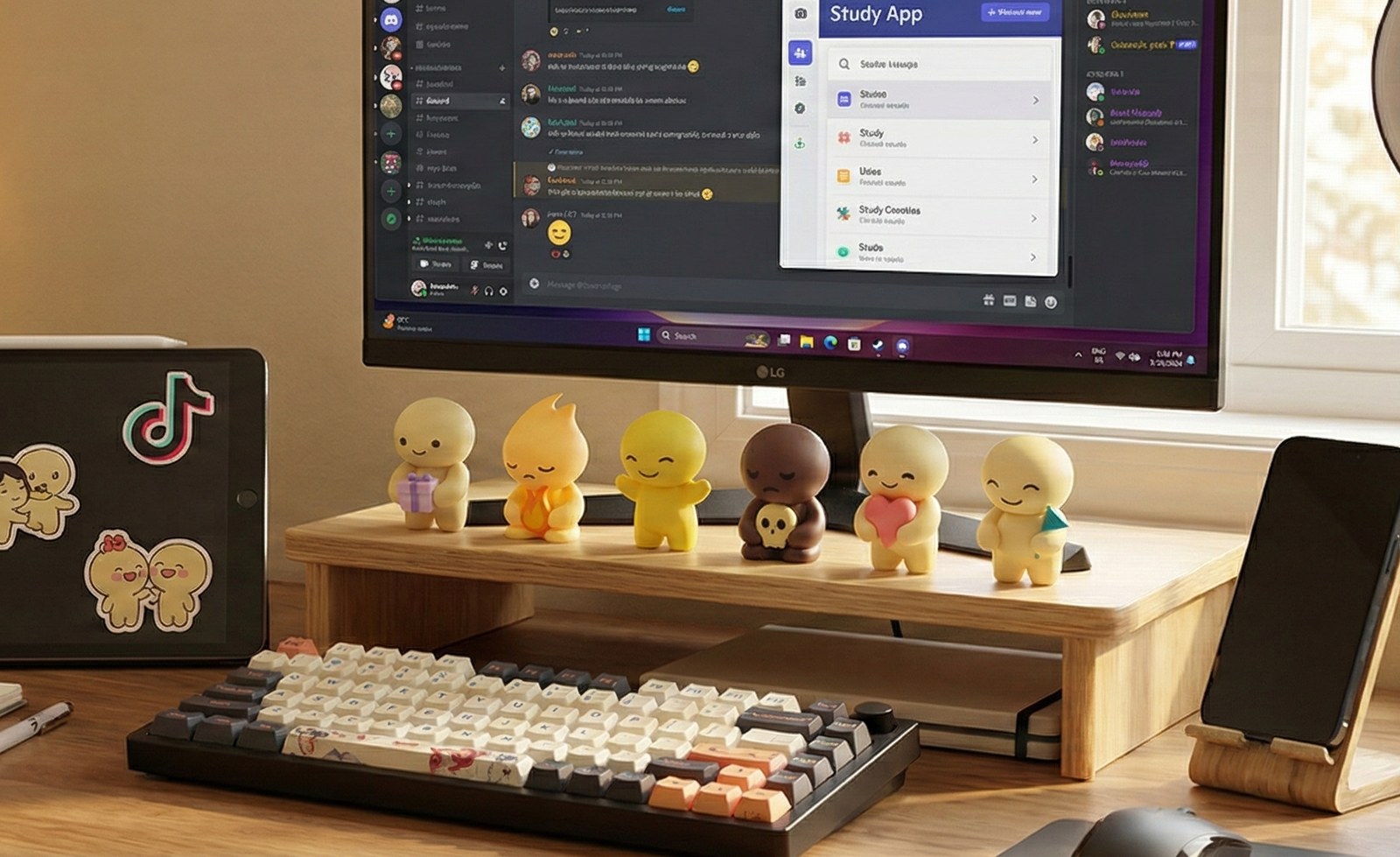 Six Miiro figures lined up on a wooden monitor stand on a real desk setup.